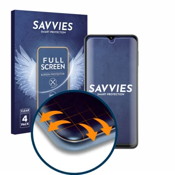 Parte frontale di una confezione del prodotto con il logo del marchio Savvies. Accanto è raffigurato il dispositivo Samsung Ga