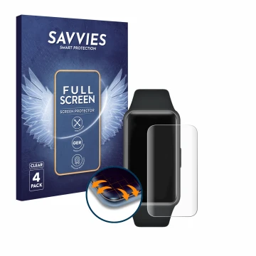 Parte frontale di una confezione del prodotto con il logo del marchio Savvies. Accanto è raffigurato il dispositivo Huawei Ban