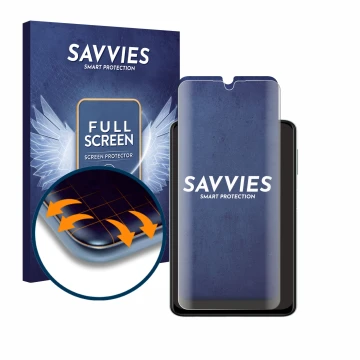 Parte frontale di una confezione del prodotto con il logo del marchio Savvies. Accanto è raffigurato il dispositivo Samsung Ga