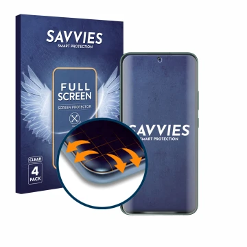 Parte frontale di una confezione del prodotto con il logo del marchio Savvies. Accanto è raffigurato il dispositivo Samsung Ga