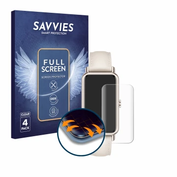 Parte frontale di una confezione del prodotto con il logo del marchio Savvies. Accanto è raffigurato il dispositivo Huawei Wat