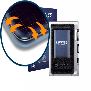 Parte frontale di una confezione del prodotto con il logo del marchio Savvies. Accanto è raffigurato il dispositivo Fujifilm I