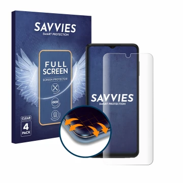 Parte frontale di una confezione del prodotto con il logo del marchio Savvies. Accanto è raffigurato il dispositivo Samsung Ga