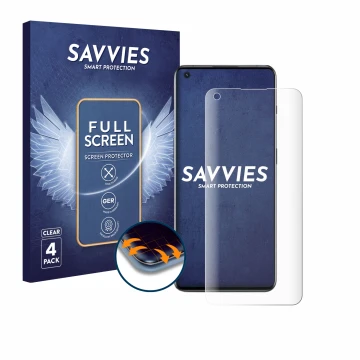 Parte frontale di una confezione del prodotto con il logo del marchio Savvies. Accanto è raffigurato il dispositivo OnePlus 10