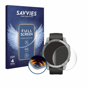 Parte frontale di una confezione del prodotto con il logo del marchio Savvies. Accanto è raffigurato il dispositivo Garmin Fen