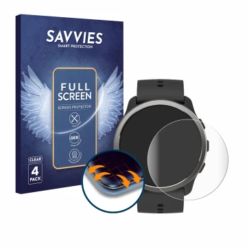 Parte frontale di una confezione del prodotto con il logo del marchio Savvies. Accanto è raffigurato il dispositivo Suunto 5 P
