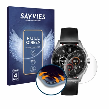 Parte frontale di una confezione del prodotto con il logo del marchio Savvies. Accanto è raffigurato il dispositivo TAG Heuer 