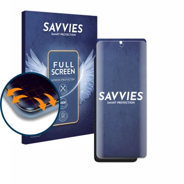 Parte frontale di una confezione del prodotto con il logo del marchio Savvies. Accanto è raffigurato il dispositivo Motorola E