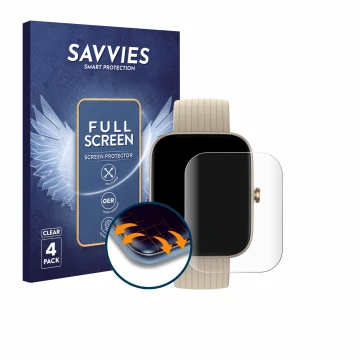 Parte frontale di una confezione del prodotto con il logo del marchio Savvies. Accanto è raffigurato il dispositivo Huami Amaz