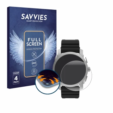 Parte frontale di una confezione del prodotto con il logo del marchio Savvies. Accanto è raffigurato il dispositivo Fossil Gen