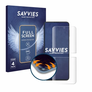 Parte frontale di una confezione del prodotto con il logo del marchio Savvies. Accanto è raffigurato il dispositivo Samsung Ga