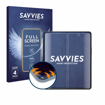 Parte frontale di una confezione del prodotto con il logo del marchio Savvies. Accanto è raffigurato il dispositivo Samsung Ga