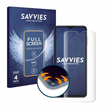 Parte frontale di una confezione del prodotto con il logo del marchio Savvies. Accanto è raffigurato il dispositivo Samsung Ga