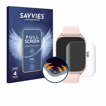 Parte frontale di una confezione del prodotto con il logo del marchio Savvies. Accanto è raffigurato il dispositivo Huami Amaz