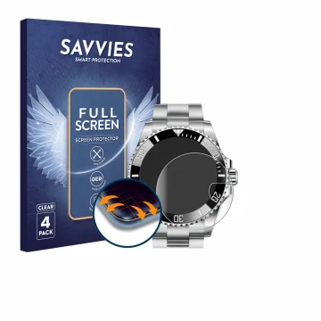 Parte frontale di una confezione del prodotto con il logo del marchio Savvies. Accanto è raffigurato il dispositivo Rolex Subm