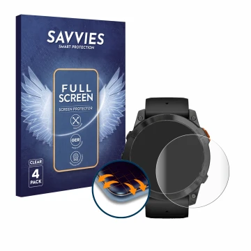 Parte frontale di una confezione del prodotto con il logo del marchio Savvies. Accanto è raffigurato il dispositivo Garmin Fen