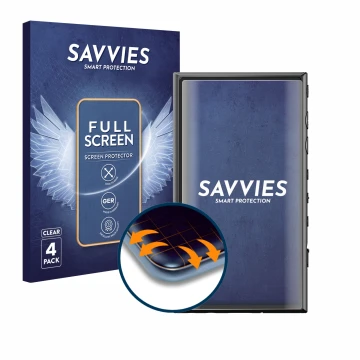 Parte frontale di una confezione del prodotto con il logo del marchio Savvies. Accanto è raffigurato il dispositivo Sony Walkm