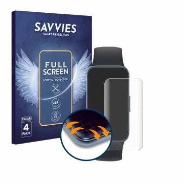 Parte frontale di una confezione del prodotto con il logo del marchio Savvies. Accanto è raffigurato il dispositivo Huawei Ban