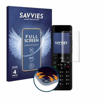 Parte frontale di una confezione del prodotto con il logo del marchio Savvies. Accanto è raffigurato il dispositivo AVM Fritz!