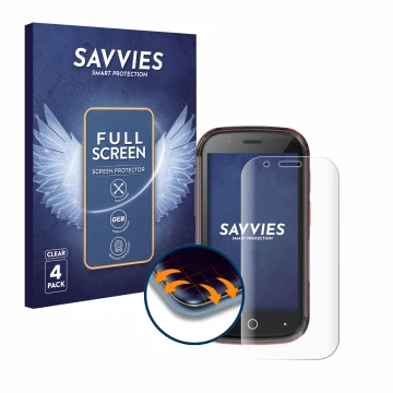 Parte frontale di una confezione del prodotto con il logo del marchio Savvies. Accanto è raffigurato il dispositivo Unihertz J