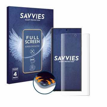 Parte frontale di una confezione del prodotto con il logo del marchio Savvies. Accanto è raffigurato il dispositivo Samsung Ga