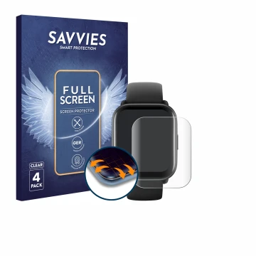Parte frontale di una confezione del prodotto con il logo del marchio Savvies. Accanto è raffigurato il dispositivo Amazfit Ac