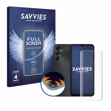 Parte frontale di una confezione del prodotto con il logo del marchio Savvies. Accanto è raffigurato il dispositivo Samsung Ga