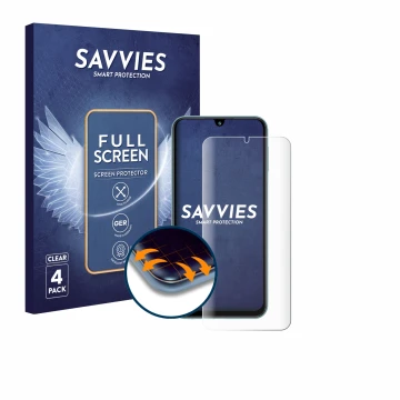 Parte frontale di una confezione del prodotto con il logo del marchio Savvies. Accanto è raffigurato il dispositivo Samsung Ga
