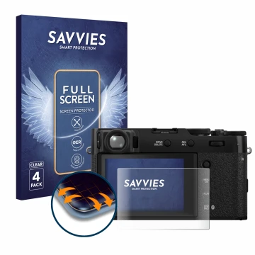Parte frontale di una confezione del prodotto con il logo del marchio Savvies. Accanto è raffigurato il dispositivo Fujifilm X
