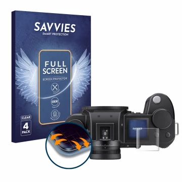 Parte frontale di una confezione del prodotto con il logo del marchio Savvies. Accanto è raffigurato il dispositivo Leica SL3 