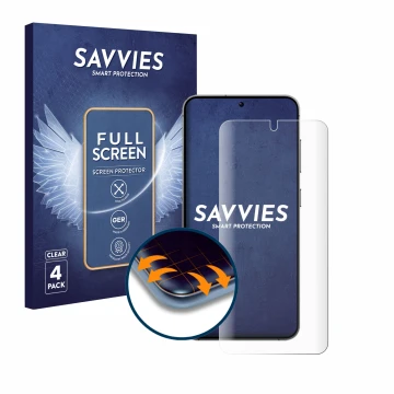 Parte frontale di una confezione del prodotto con il logo del marchio Savvies. Accanto è raffigurato il dispositivo Samsung Ga