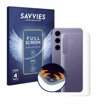 Parte frontale di una confezione del prodotto con il logo del marchio Savvies. Accanto è raffigurato il dispositivo Samsung Ga