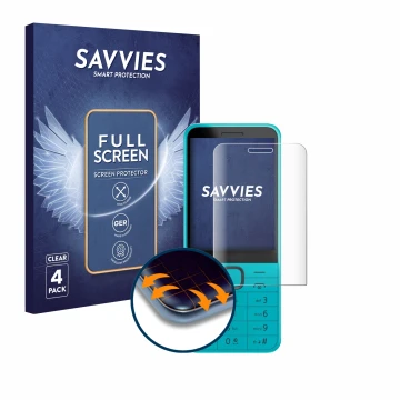 Parte frontale di una confezione del prodotto con il logo del marchio Savvies. Accanto è raffigurato il dispositivo Nokia 235 