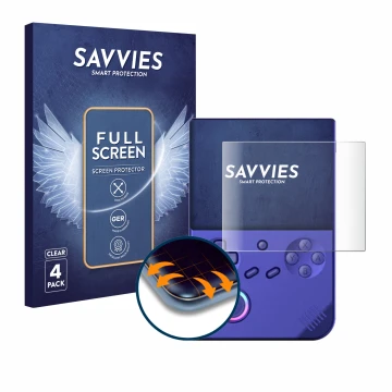 Parte frontale di una confezione del prodotto con il logo del marchio Savvies. Accanto è raffigurato il dispositivo Anbernic R