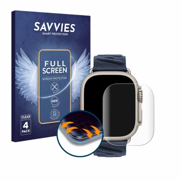 Parte frontale di una confezione del prodotto con il logo del marchio Savvies. Accanto è raffigurato il dispositivo Apple Watc