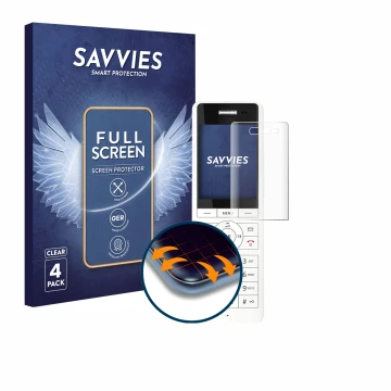 Parte frontale di una confezione del prodotto con il logo del marchio Savvies. Accanto è raffigurato il dispositivo AVM Fritz!