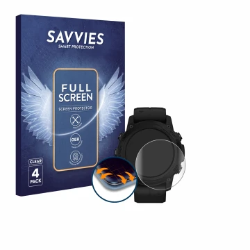 Parte frontale di una confezione del prodotto con il logo del marchio Savvies. Accanto è raffigurato il dispositivo Garmin Des