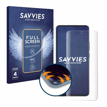 Parte frontale di una confezione del prodotto con il logo del marchio Savvies. Accanto è raffigurato il dispositivo Oppo Reno 