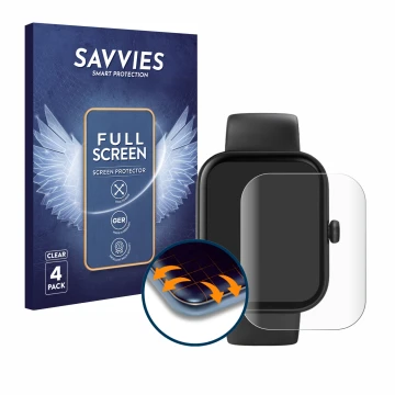 Parte frontale di una confezione del prodotto con il logo del marchio Savvies. Accanto è raffigurato il dispositivo Hama Fit W