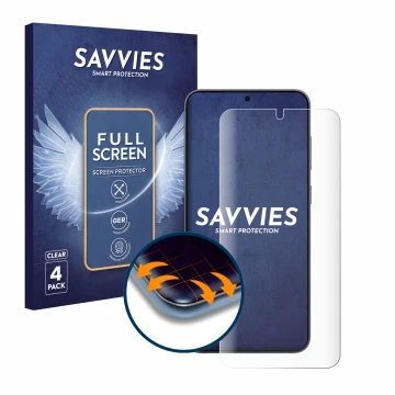 Parte frontale di una confezione del prodotto con il logo del marchio Savvies. Accanto è raffigurato il dispositivo Samsung Ga