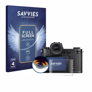 Parte frontale di una confezione del prodotto con il logo del marchio Savvies. Accanto è raffigurato il dispositivo Leica SL3-