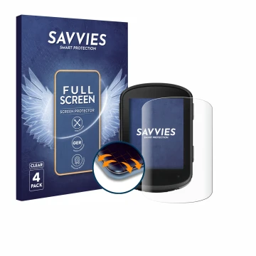 Parte frontale di una confezione del prodotto con il logo del marchio Savvies. Accanto è raffigurato il dispositivo Garmin Edg