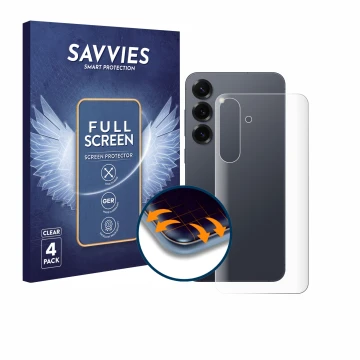 Parte frontale di una confezione del prodotto con il logo del marchio Savvies. Accanto è raffigurato il dispositivo Samsung Ga