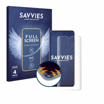 Parte frontale di una confezione del prodotto con il logo del marchio Savvies. Accanto è raffigurato il dispositivo Samsung Ga