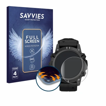 Parte frontale di una confezione del prodotto con il logo del marchio Savvies. Accanto è raffigurato il dispositivo Garmin Des