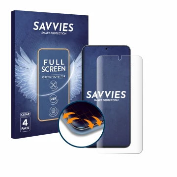 Parte frontale di una confezione del prodotto con il logo del marchio Savvies. Accanto è raffigurato il dispositivo Samsung Ga