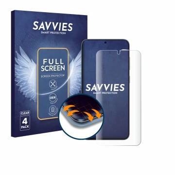 Parte frontale di una confezione del prodotto con il logo del marchio Savvies. Accanto è raffigurato il dispositivo Samsung Ga