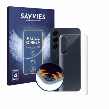 Parte frontale di una confezione del prodotto con il logo del marchio Savvies. Accanto è raffigurato il dispositivo Samsung Ga