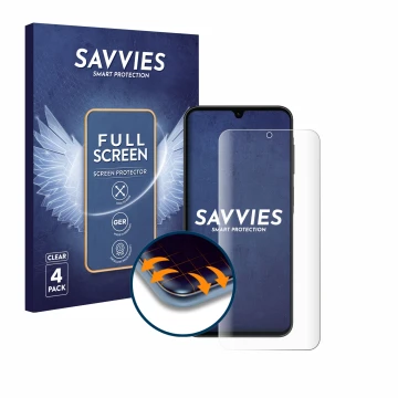 Parte frontale di una confezione del prodotto con il logo del marchio Savvies. Accanto è raffigurato il dispositivo Samsung Ga