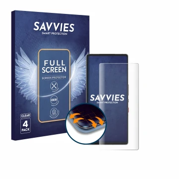 Parte frontale di una confezione del prodotto con il logo del marchio Savvies. Accanto è raffigurato il dispositivo ZTE Nubia 